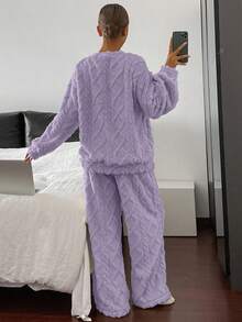 DAZY 2pcs Women's Thick Plush Textured Loose Long Sleeve Top And Pants Pajama Set, Winter - Purple - View 2