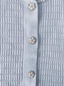 GlowEve Sleeveless Round Neck Pearl Decor Single Row Rhinestone Button Hollow Waist Ruffle Hem Women Sweater - Blue - View 6