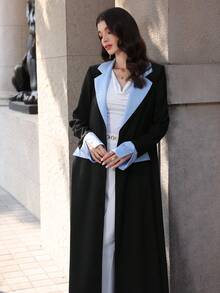 Yasmyna Women's Spring/Summer Black Twill & Blue Striped Faux Pocket Elegant Arabic Abaya Robe - Black - View 6