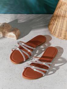 SHUZIA Women's Minimalist Crisscross Straps Slip-On Flat Sandals - Maroon - View 5