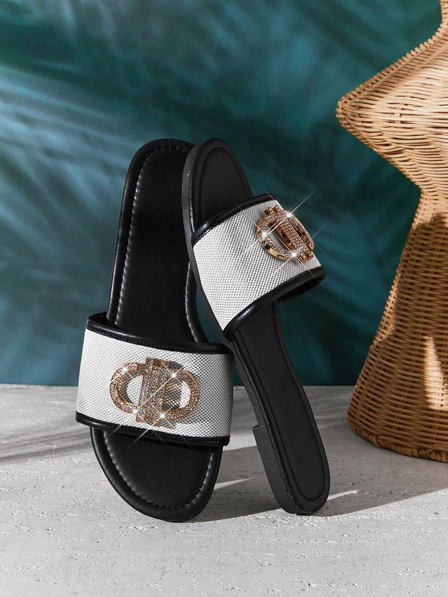 SHUZIA Women's Elegant Metal Ornament Slip-On Flat Sandals - Black - View 1