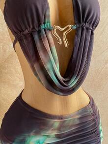 Soleia 2pcs/Set Vacation Casual Halter Tie Metal Buckle Knit Top + Pleated Skirt, Suitable For Afternoon Tea, Beach, Music Festival And Other Occasions - Multicolor - View 7