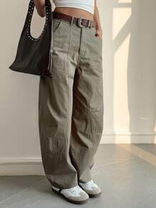 Livesso Women's Casual Solid Color High Waist Simple Everyday Pants - Olive Green - View 4