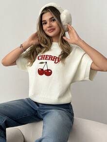 SHEIN Cherry Embroidered Sleeveless Knit Sweater – - Apricot - View 2