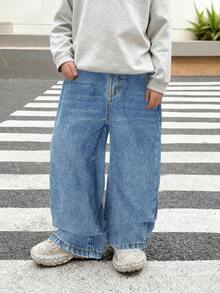 SHEIN 男童复古蓝色宽松牛仔裤 - 中等水洗藍 - 查看 4