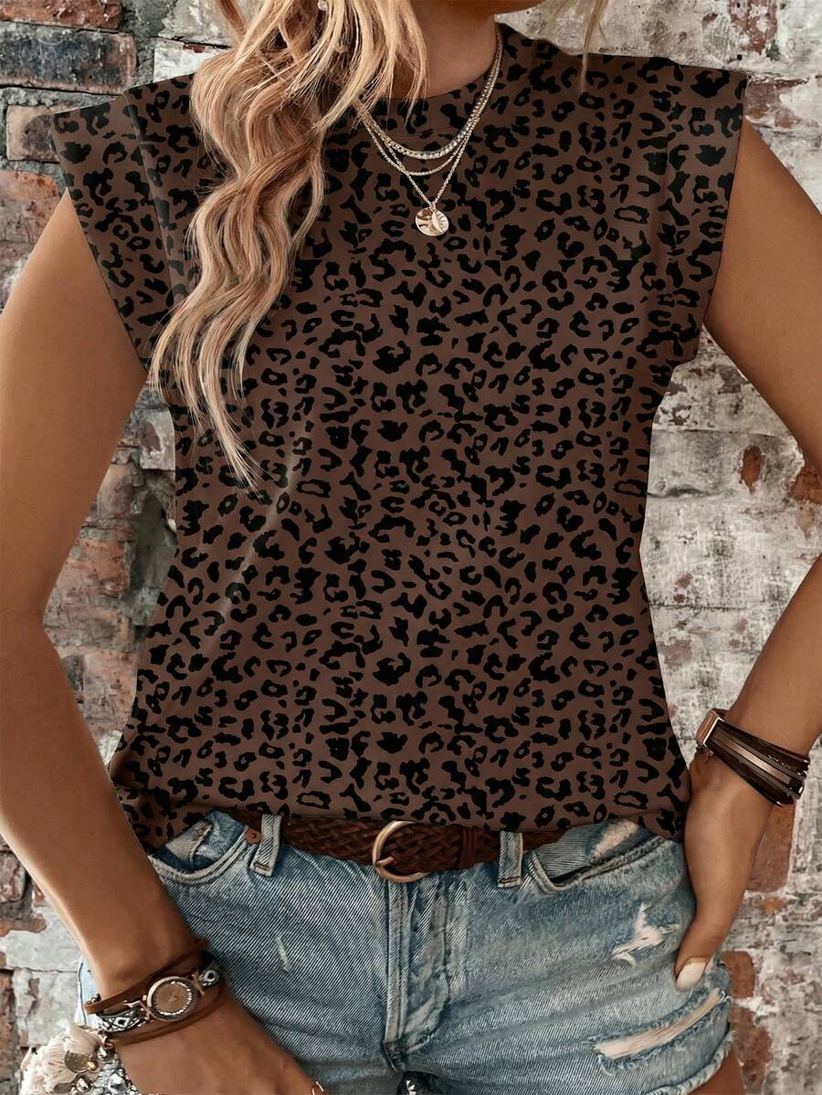 EMERY ROSE Women's Leopard Print Pattern Round Neck Cap Sleeve Casual Versatile T-Shirt, Spring/Summer - Multicolor - View 1