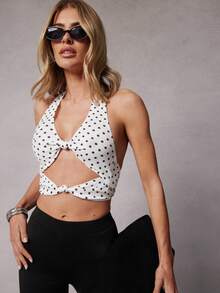 SHEIN Haute Women's Fashionable Sexy Polka Dot Print Twist Hollow Backless Halter Top, Summer - White - View 5