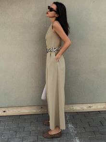 Livesso Sleeveless V-Neck Solid Color Jumpsuit, Elegant Office Wear For Spring Romper - Khaki - View 2