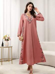 Al Najma Áo Abaya dài tay cổ chữ V, dáng xòe, thêu hoa, màu hồng. - Hồng - Xem 8