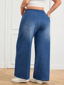 SHEIN CURVE+ 大码女式抽绳腰阔腿宽松休闲百搭牛仔裤 - 藍色 - 查看 2