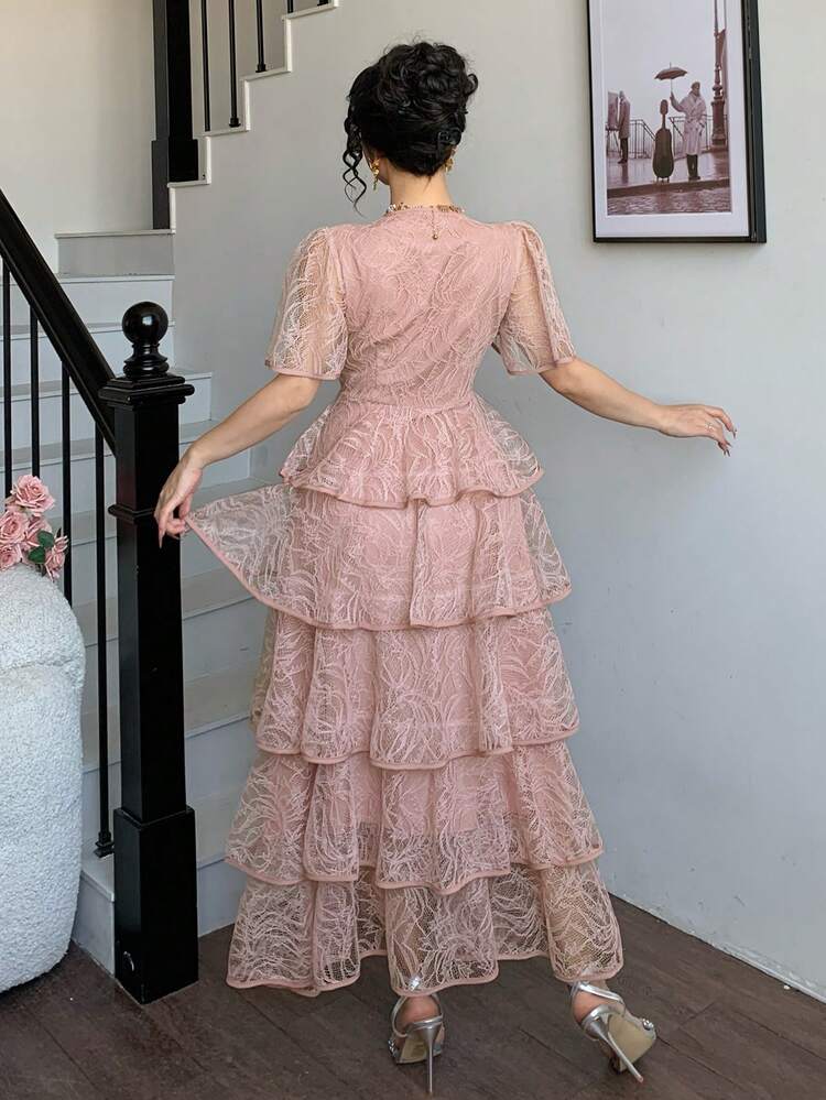 French Luxurious Beaded Waist Lantern Sleeve Single-Breasted Lace Ruffle Hem Dress For Women Sundress