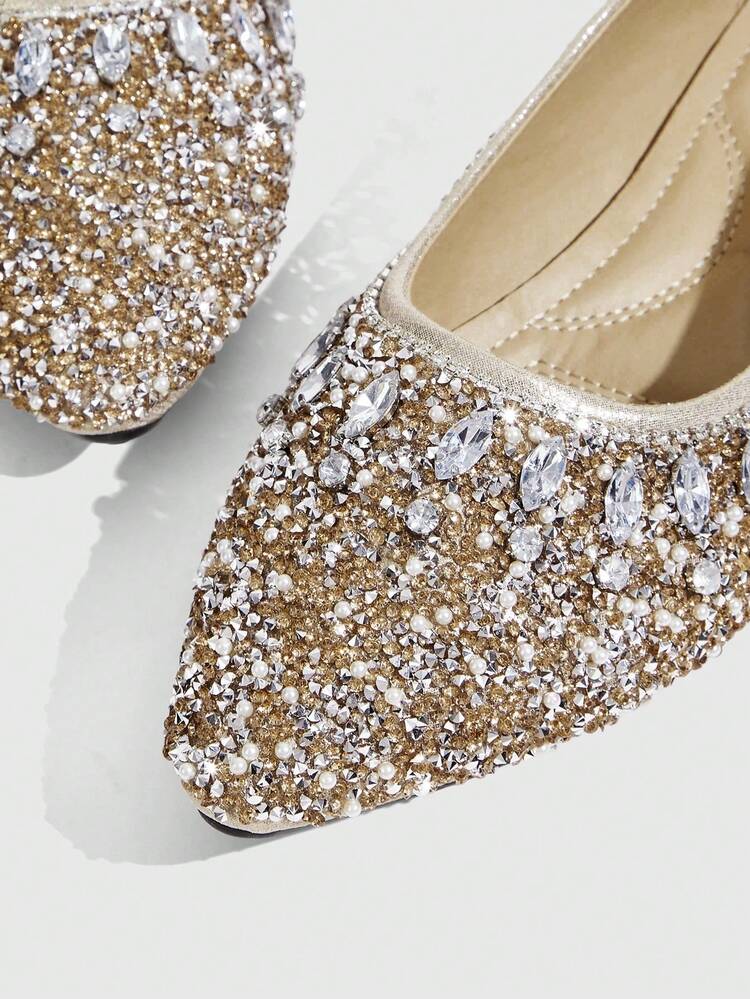 CUCCOO TILAWA Women's Fashionable Pointed Toe Flats With Rhinestones, Luxury Silver Color, Comfortable Casual Everyday Wear For Christmas Valentine's Day