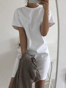 DAZY 女士纯色宽松T恤连衣裙夏季太阳裙，休闲女装 - 白色 - 查看 6