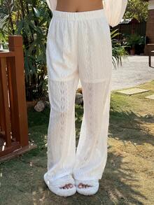 DAZY White Hollow-Out High Waist Vacation Beach Pants For Women - White - View 4