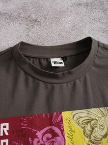 SHEIN Trolls Herr-t-shirt med rund hals och kort ärm, bokstäver och tecknad grafik - Kaffebrun - Visa 3