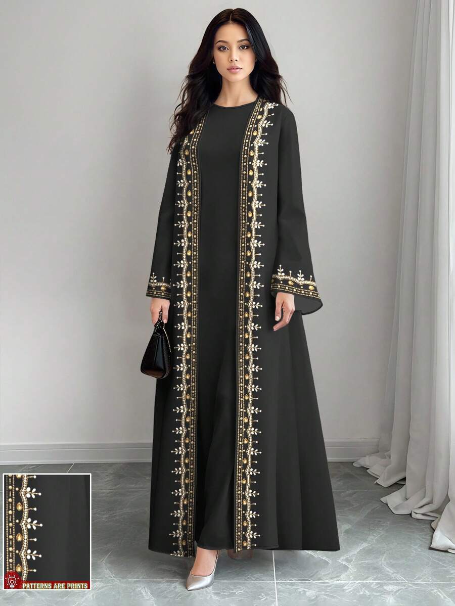 SHEIN Najma Women's Floral & Faux Pearl Print Long Sleeve Casual Arabic Abaya Cardigan Outerwear, Spring/Autumn