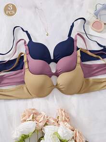 DesireSculpt 3pcs Black & White Solid Color Underwire Padded Full Coverage Bras - Multicolor - View 3