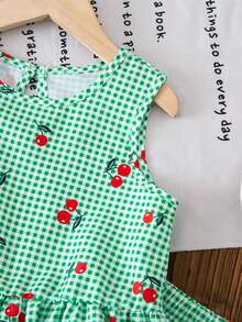 Young Girl Plaid & Cherry Print Ruffle Hem Sleeveless T-Shirt And Shorts Set - Green - View 3