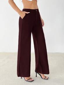 SHEIN PETITE Quần tây nữ ống đứng, màu trơn, có túi chéo phía trước. - Màu đỏ tím - Xem 7