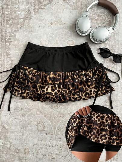 Attitoon Casual Retro Punk Y2K Sexy Fashion, Valentine's Day Music Festival Western Gothic, Leopard Print Pattern Three-Layer Cake Skirt Puff Skirt Patchwork Black Contrast Waistband Side Drawstring Pleated Women's Mini Skirt, Suitable For Summer Outings