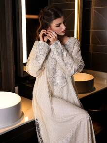 Al Najma Mesh Jacquard Patchwork Elegant Loose Long Sleeve Women Dress