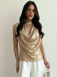 Firerie 女士新款优雅复古极简通勤围巾领修身真丝衬衫上衣，春夏秋季，情人节，优雅女士衬衫上衣，围巾领短袖女士上衣，教师节，优雅，通勤，商务，日常，极简，奢华，工作装 - 金色 - 查看 7