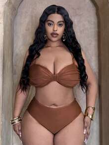 Slaydiva Plus Size Elegant Vacation Tie-Up Swimsuit Set - Brown - View 1