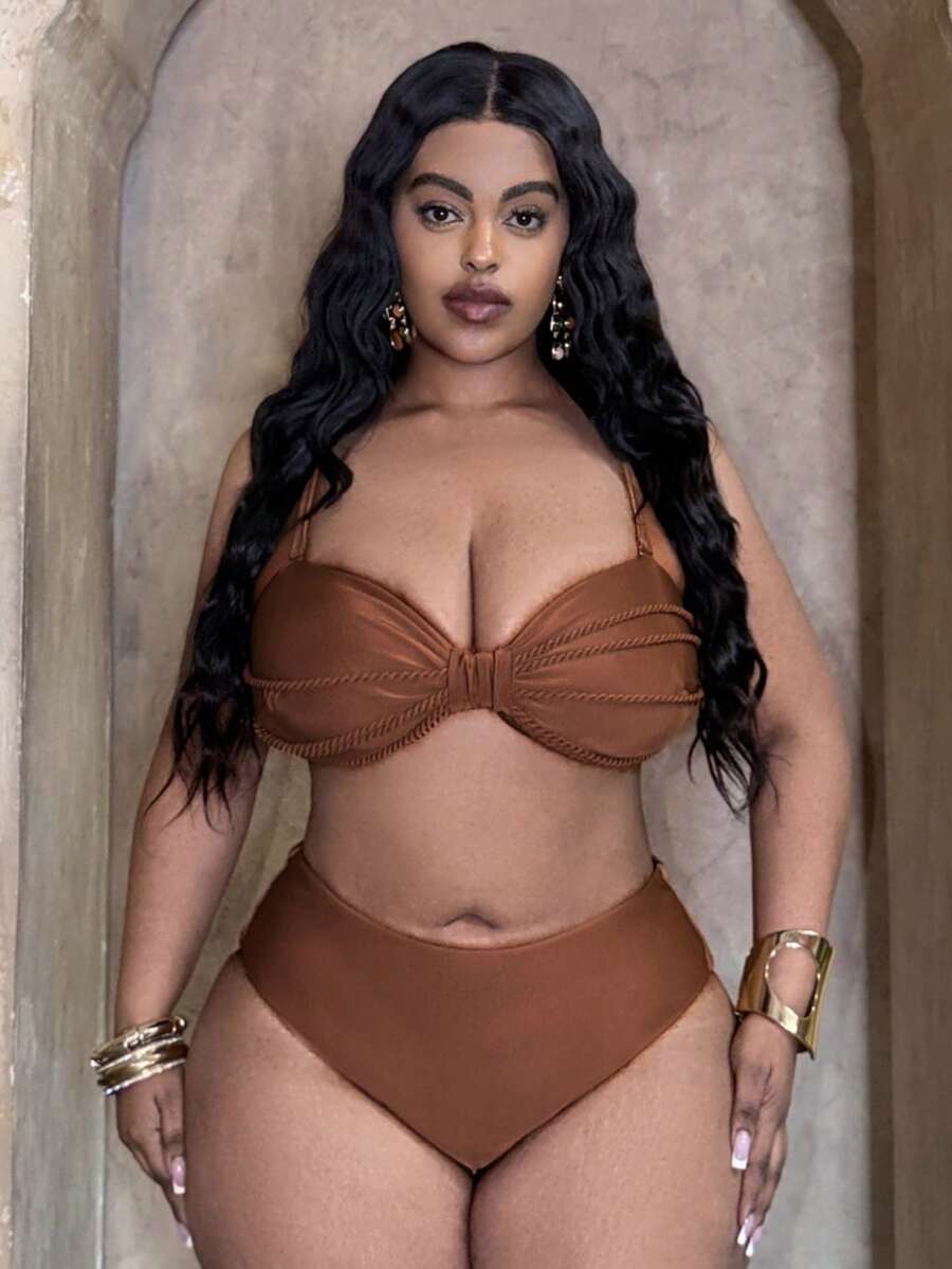 Slaydiva Plus Size Elegant Vacation Tie-Up Swimsuit Set - Brown - View 1