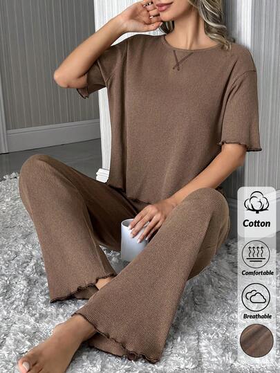 SHEIN Women Cotton 2 Pcs Rib Knit Short Sleeved Shirt&Long Pants Homewear Comfort Lounge Set