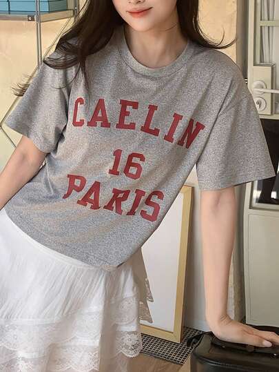 K-Vae Korean Style Gray Oversized Graphic Print T-Shirt Women's Loose Short-Sleeve Casual Top Vintage Letter Tee Daily Streetwear