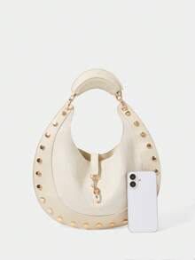 SHECARRY Ladies Vintage Semicircle Bag With Rivet Trim And Exquisite Hardware - Beige - View 3