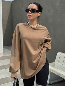DAZY Women T-Shirts Huruf Slogan Casual - Coklat - View 2
