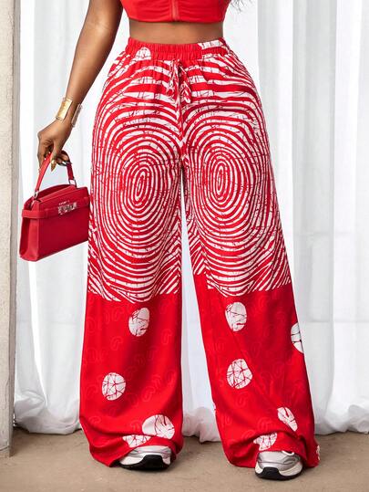 BamGleam Dambyxor med geometriskt tryck och dragsko i midjan, avslappnade och mångsidiga vida ben, lämpliga för semester och resor