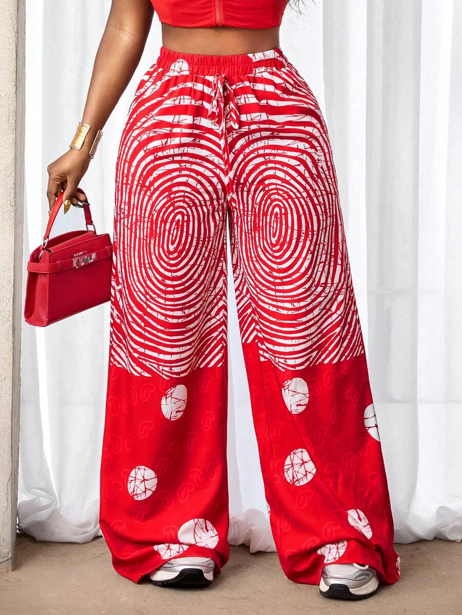 BamGleam 女士几何印花抽绳腰休闲百搭阔腿裤，适合度假旅行图案裤印花裤红色女士阔腿裤阔腿裤Y2K裤两件套红色图案裤女士阔腿裤度假裤套装节日裤印花裤 - 彩色 - 查看 1