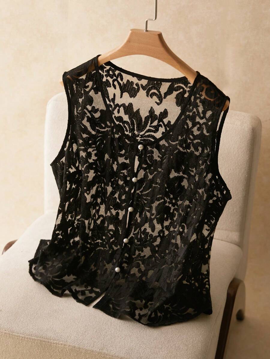 Elaquor Plus Size Women Black Lace Top,Elegant Formal V-Neck See Through Blouse,Summer Evening Wedding Guest Vest,Faux Pearl Single-Breasted Floral Patchwork - Black - View 1