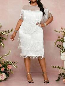 SHEIN Lady 大码女式纯色圆领短袖多层流苏设计优雅派对连衣裙 - 白色 - 查看 6