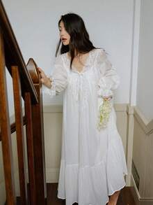 Cirelle Bộ đồ ngủ mỏng kiểu công chúa, áo ngủ cổ điển lấy cảm hứng từ Hepburn, áo choàng tắm mùa xuân và mùa hè, thích hợp để mặc ở nhà hàng ngày. - Nhiều màu - Xem 11