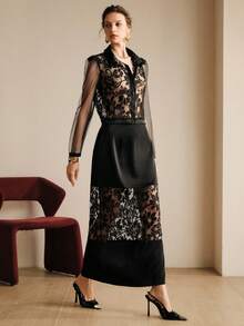 Arave Women's Woven Hollow-Out Lace Casual Vacation Style Short Sleeve Top And Long Skirt 2-Piece Set, Elegant Dress - Black - View 4