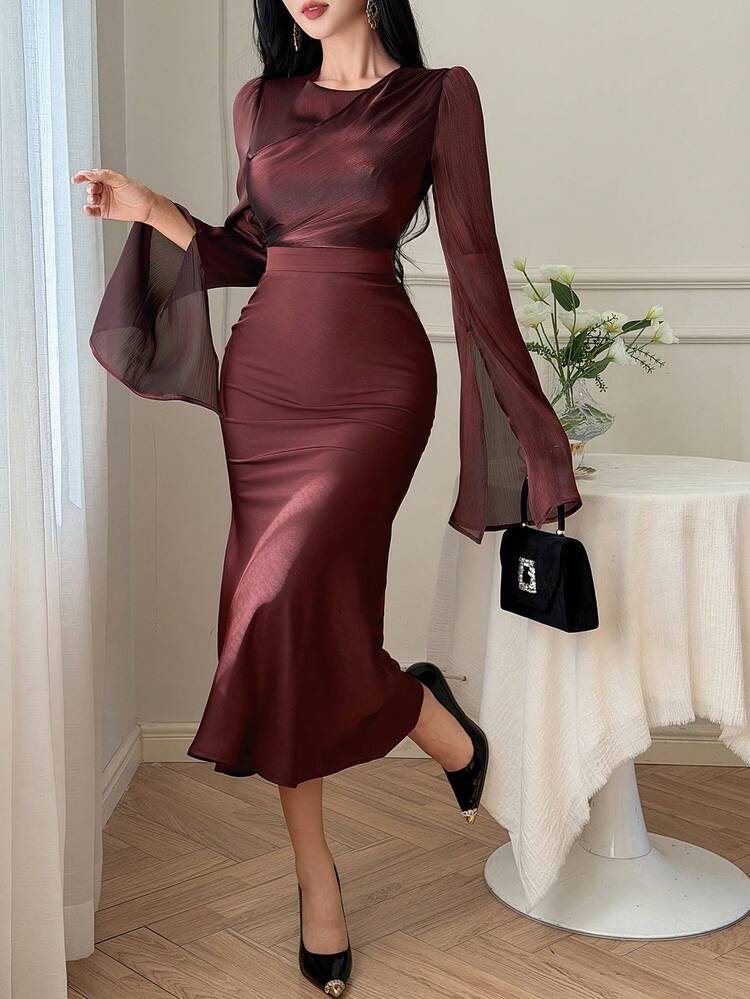 Women's Waist Cinched Midi Dress For Formal Occasions Wedding Guest Dress Sundress