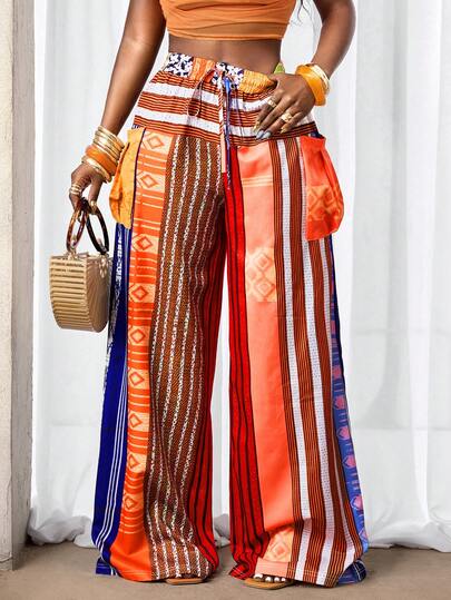 SHEIN BamGlam 女士新款春夏条纹印花直筒裤，海滩度假的完美之选