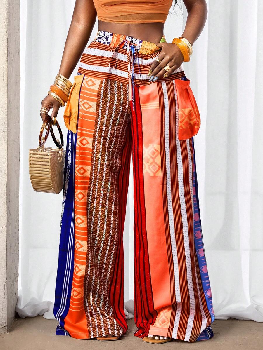 SHEIN BamGlam Pantalones rectos con estampado de rayas de colores para mujer, perfectos para vacaciones en la playa - Multicolor - Ver 1