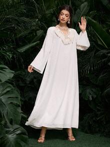 Al Najma V-Neck Fringed Embroidered Elegant Loose Long Sleeve Dress For Women - Apricot - View 4