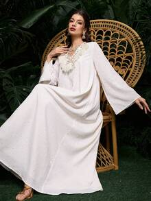 Al Najma V-Neck Fringed Embroidered Elegant Loose Long Sleeve Dress For Women - Apricot - View 7