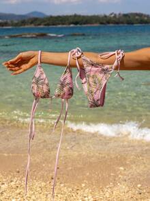 Swim Vcay Spring/Summer Coconut Tree Hollow-Out Special Fabric Tie-Up Halter Backless Bikini Set With Side Tie Strings, Casual Vacation Style For Women - Multicolor - View 8