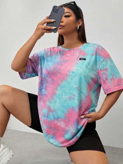SHEIN EZwear Casual Plus Size Multicolor Tie Dye T-Shirt With Round Neck And Drop Shoulder Half Sleeves Long Knitted Fabric Patched Top Oversized Tees Women Oversized Tshirt Tie Dye Shirt Women's Oversized Tee Shirts Colorful Tops For Women