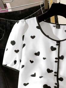 SHEIN Women's Summer Cute White And Black Heart Printed Button Short Sleeve Shirt,Casual Elegant Crew Neck Everyday Contrast Fashion Blouse - White - View 3