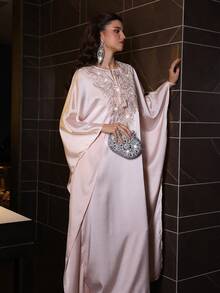 SHEIN Najma Áo Kaftan Thổ Nhĩ Kỳ và áo choàng truyền thống Ả Rập dành cho nữ, cổ tròn, tua rua, thắt nơ, đính cườm, tay dài, chất liệu satin, dáng xòe. - Hồng - Xem 4