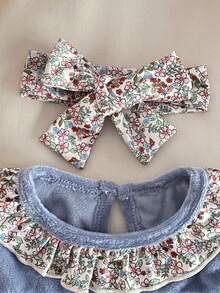 3件套新生女宝宝柔软抓绒睡衣套装，优雅碎花长袖上衣配荷叶边下摆，搭配同款裤子和发带，秋冬季舒适居家服 - 藍色 - 查看 6