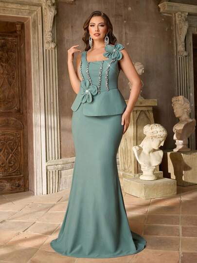 Aureia Plus Size Elegant Romantic Green U-Neck Sleeveless Rhinestone 3D Floral Fitted Mermaid Hem Dress, Suitable For Evening Party, Date, Ball, Vacation, Wedding Events