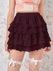 SHEIN MOD Women's Floral Lace Layered Ruffle Hem Short Skirt Ruffled Skirt Layered Skirt Maroon Skirt Burgundy Skirt Frilly Skirt - Burgundy - View 2